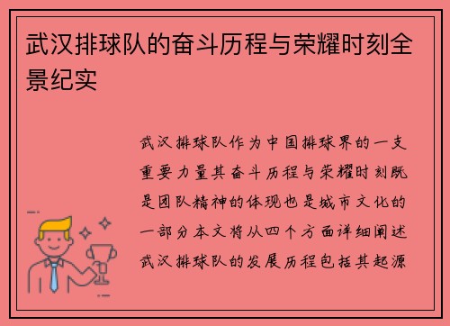 武汉排球队的奋斗历程与荣耀时刻全景纪实